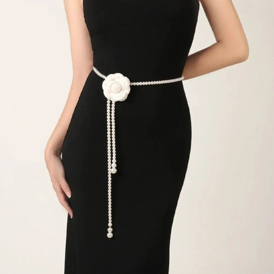 Fashion Camellia Flower Pearl Waist Belt